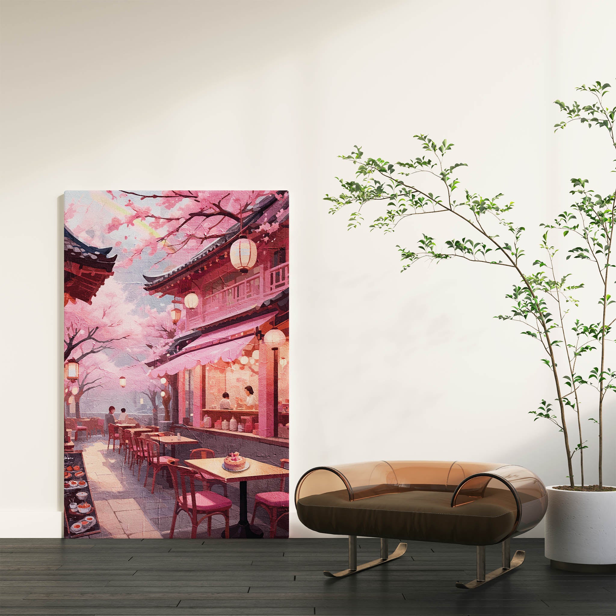 Romantic printable wall art of a serene outdoor café scene under blooming cherry blossom trees, with lantern-lit pink-toned architecture, cozy seating, and desserts on the table - ideal for Japan-inspired, spring, or pastel aesthetic decor