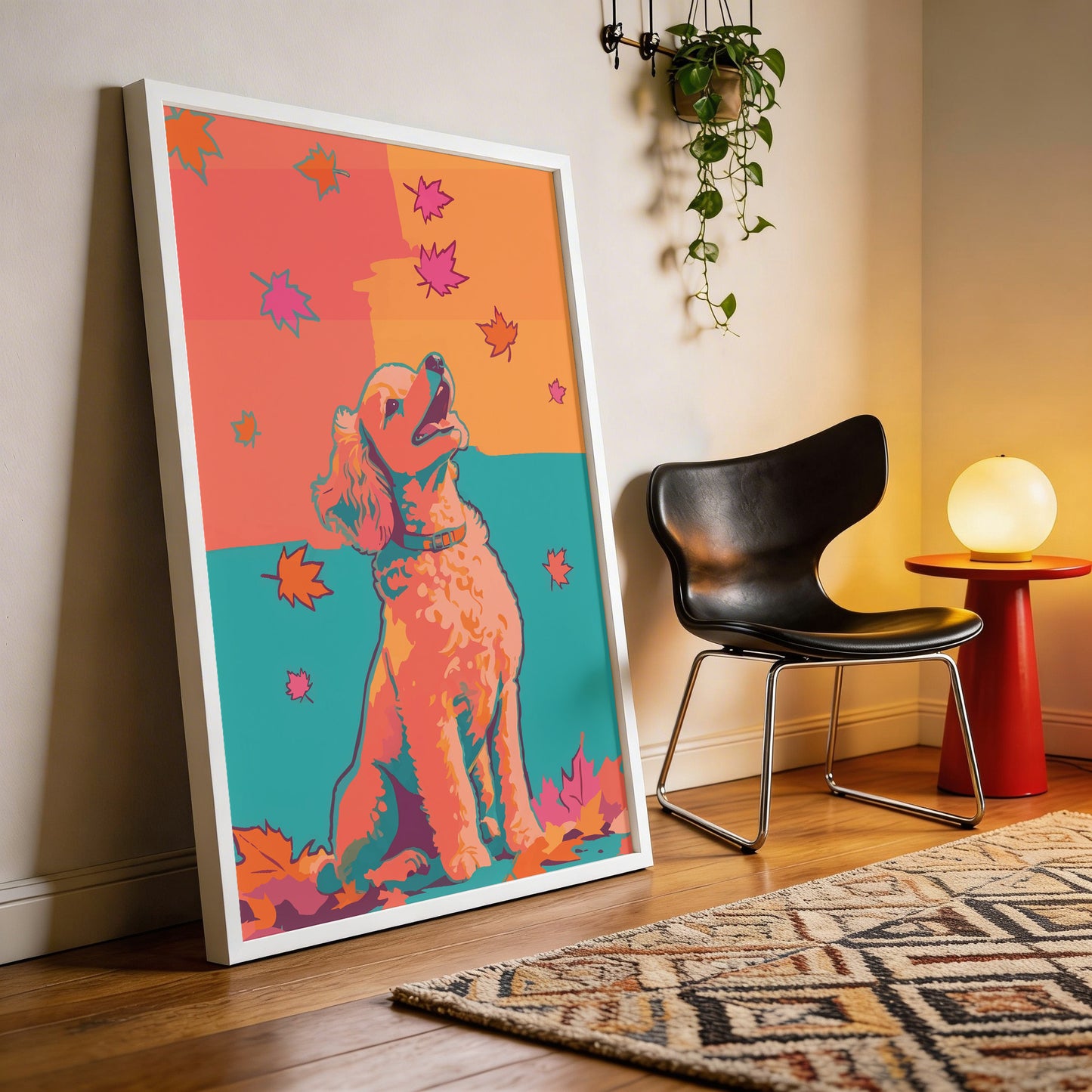 Maximalist pet wall art - a confident poster-style illustration of a fluffy golden doodle sitting upright, mouth open with delight, amid falling autumn leaves on a hard-edged teal and orange colour-blocked ground