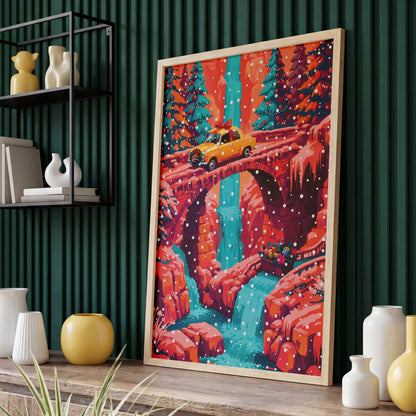 Colorful holiday wall art featuring a wreath-decorated car on a bridge above a frozen waterfall, surrounded by snow-covered pine trees. 