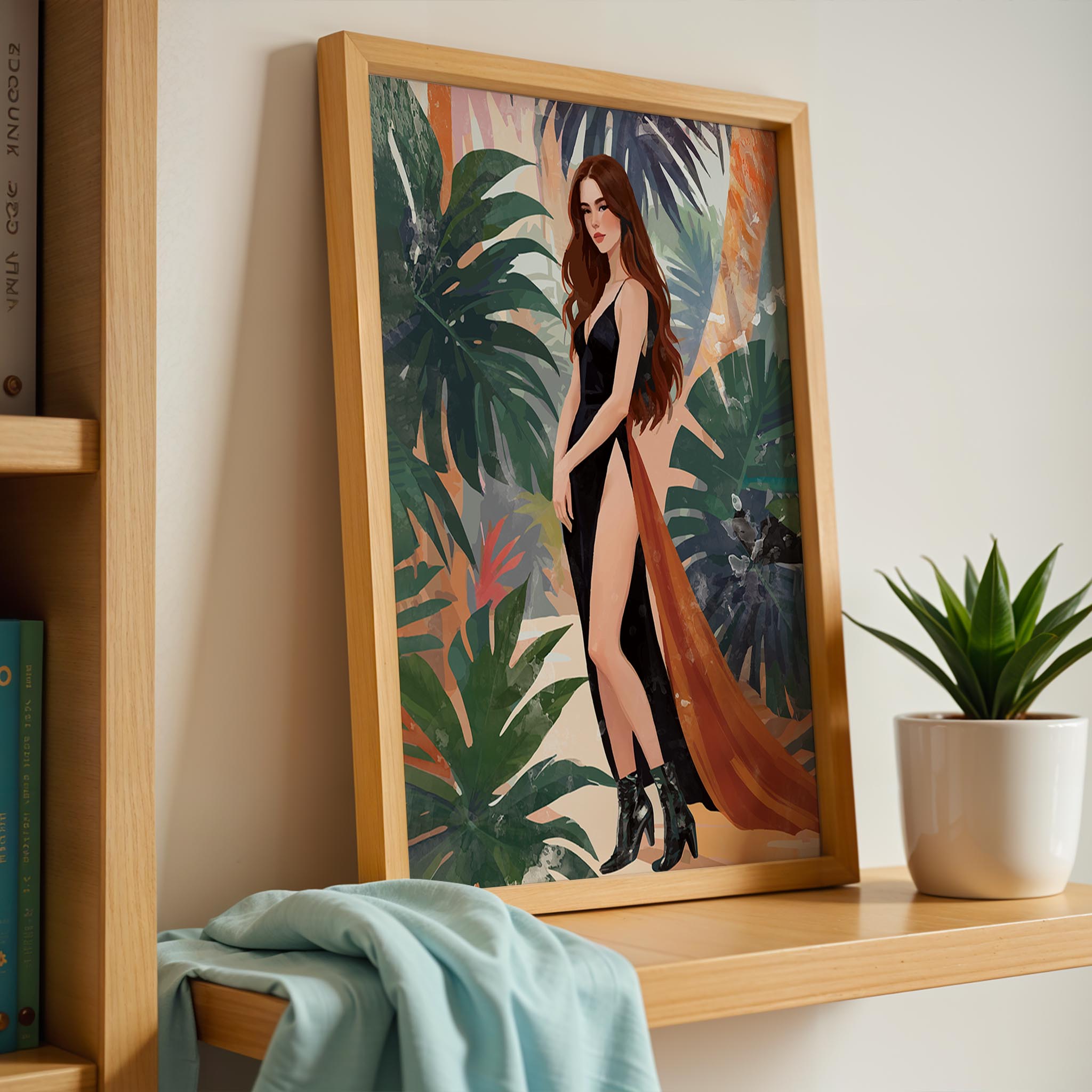Fashion illustration of an elegant brunette woman wearing a dramatic black high-slit gown with a flowing burnt-orange train, standing against lush tropical foliage with large green leaves and soft abstract painterly textures. Bold feminine statement wall art with modern luxury aesthetic.