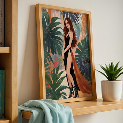 Fashion illustration of an elegant brunette woman wearing a dramatic black high-slit gown with a flowing burnt-orange train, standing against lush tropical foliage with large green leaves and soft abstract painterly textures. Bold feminine statement wall art with modern luxury aesthetic.