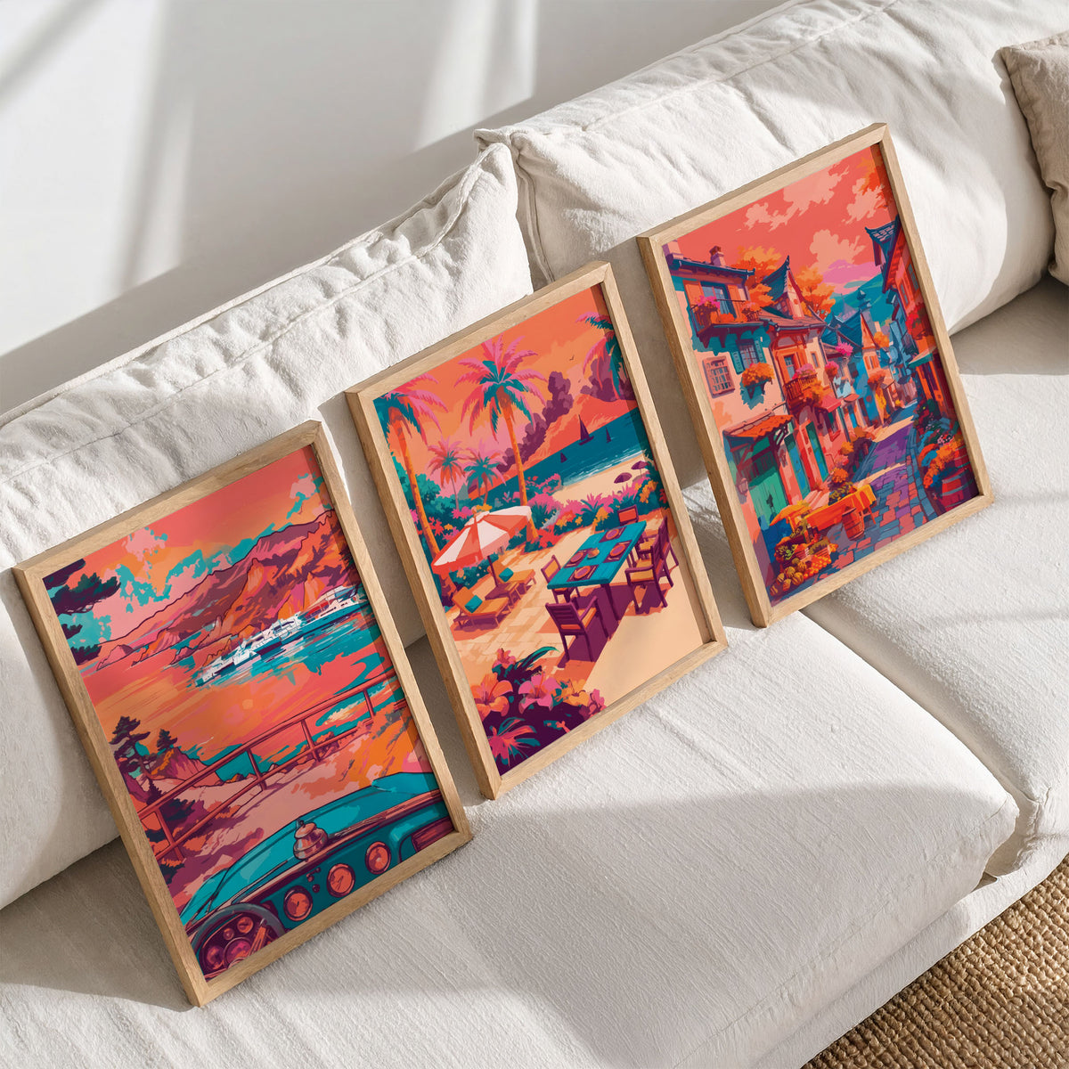 Framed triptych on a living room shelf: vintage car harbor view, palm tree beach dining scene, and painted hillside street in warm sunset colors.