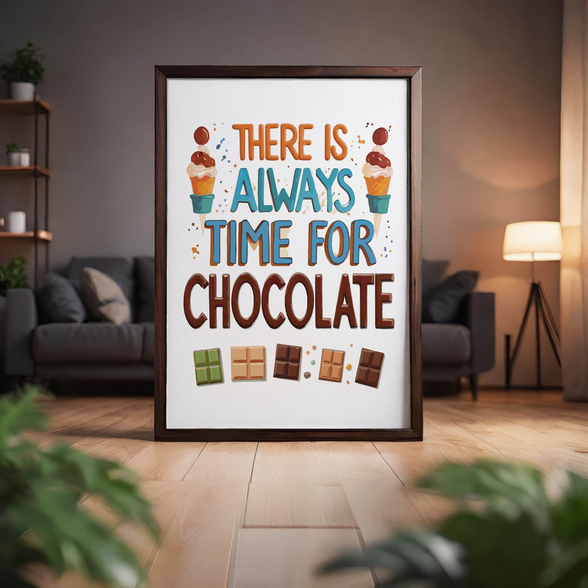 Whimsical printable wall art with the phrase 'There is always time for chocolate', featuring colorful illustrations of ice cream cones and assorted chocolate bars, perfect for dessert lovers and sweet kitchen decor