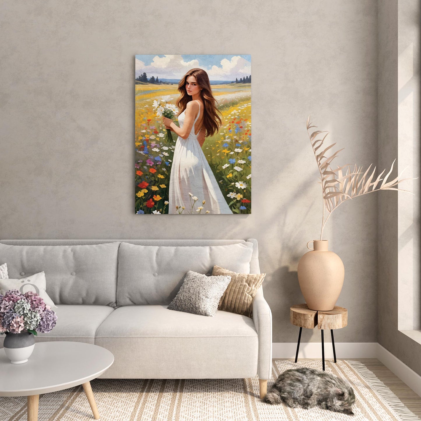 Romantic illustration of a young woman in a flowing white dress standing in a vibrant wildflower meadow. She holds a bouquet of white daisies as warm sunlight highlights her long, wavy hair. Colourful flowers surround her under a bright sky with soft clouds, creating a dreamy, serene summer atmosphere.