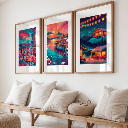 Set of three colorful winter wall art prints featuring a snow-covered balcony, festive rowboat, and alpine village at night