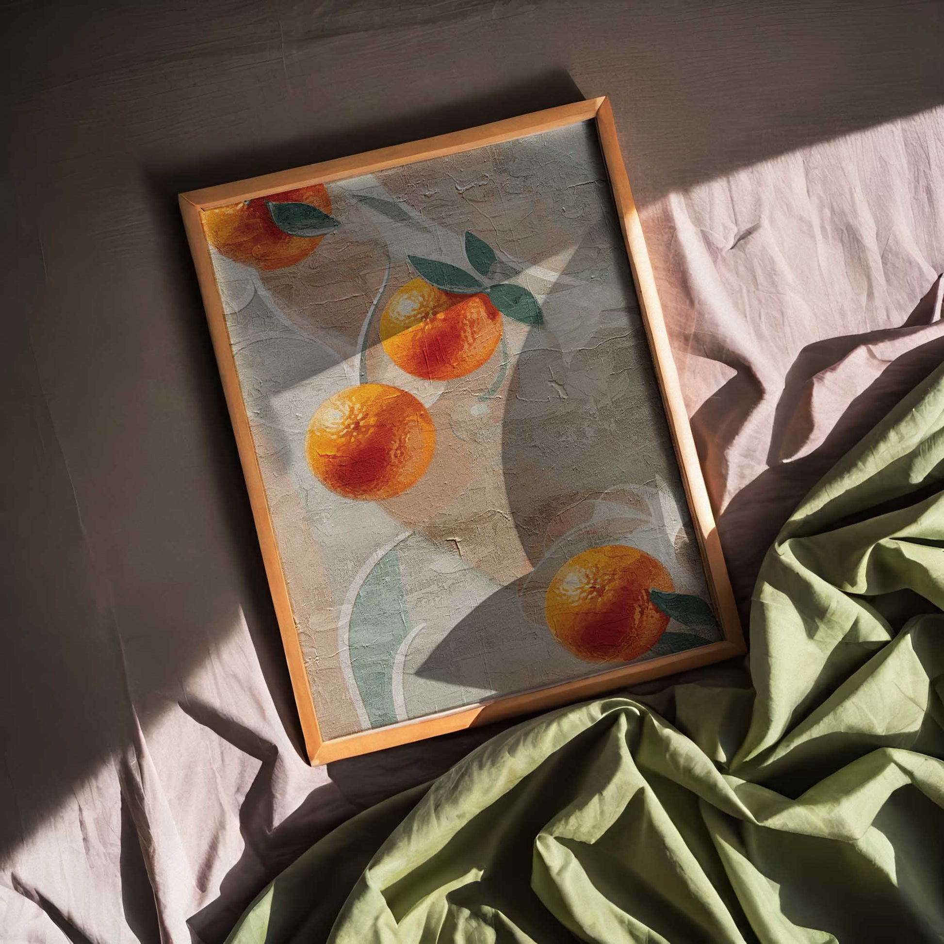 Printable wall art featuring a textured, abstract background with bright orange citrus fruits and green leaves, evoking a rustic, Mediterranean-inspired aesthetic, perfect for kitchen or dining room decor