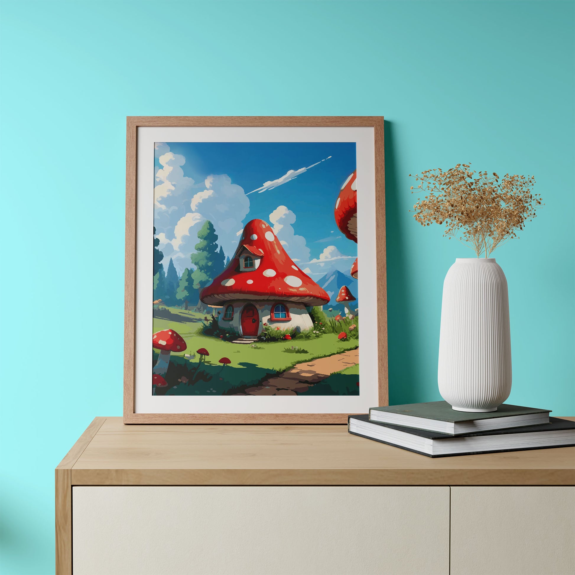 Whimsical fantasy scene featuring a cozy mushroom-shaped house with a red and white spotted roof, round windows, and a red door. Set in a sunny meadow with green grass, flowers, and tall trees under a bright blue sky with fluffy clouds and distant mountains
