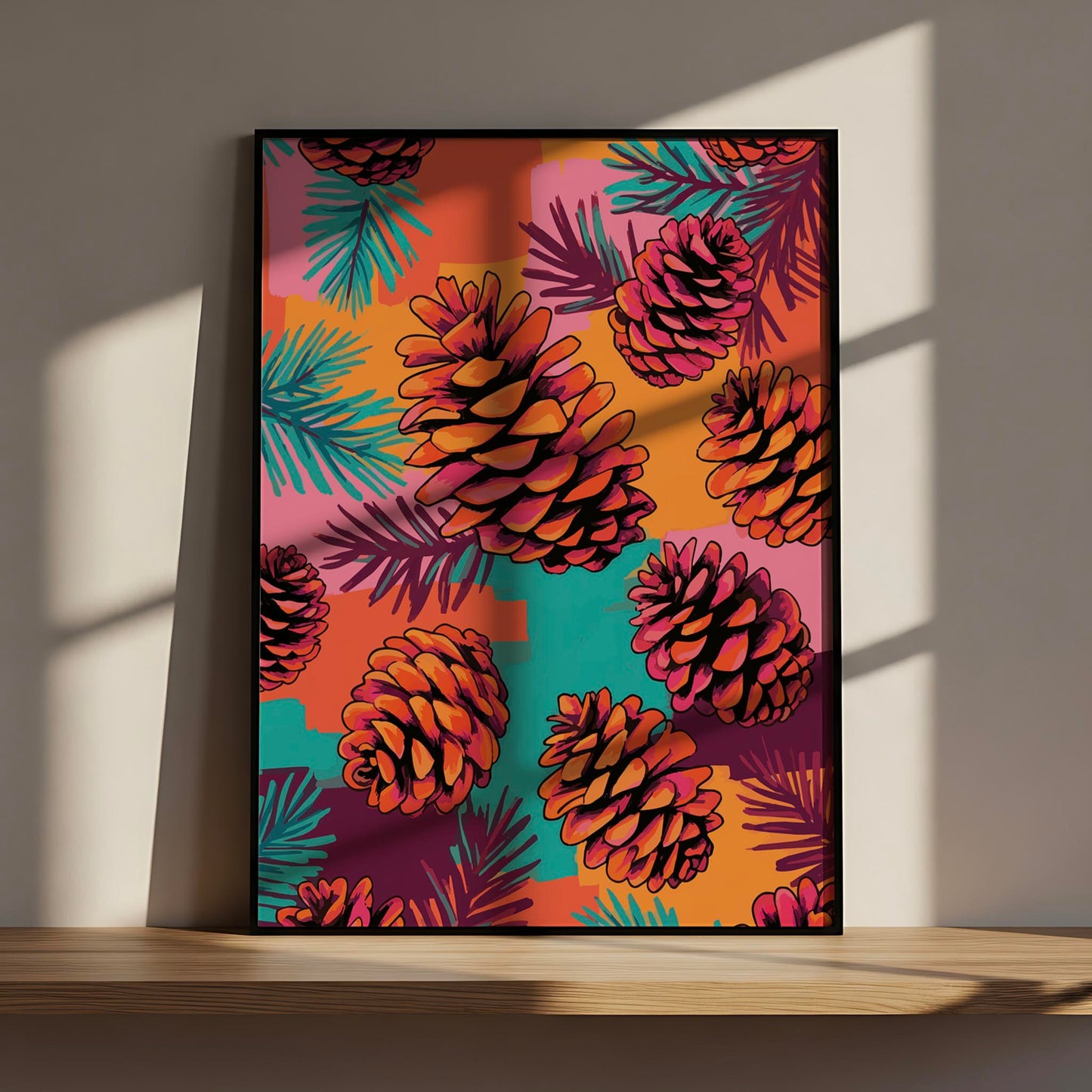 Dopamine-style nature print with bold pine cone illustrations, teal needle branches, and a high-contrast colour-blocked backdrop in orange, plum, and bright teal