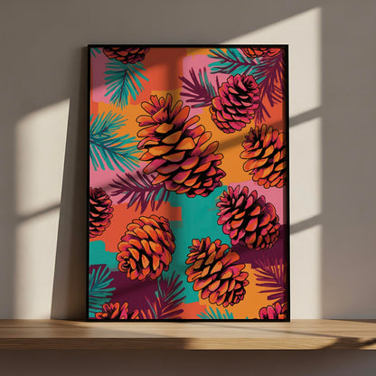 Dopamine-style nature print with bold pine cone illustrations, teal needle branches, and a high-contrast colour-blocked backdrop in orange, plum, and bright teal