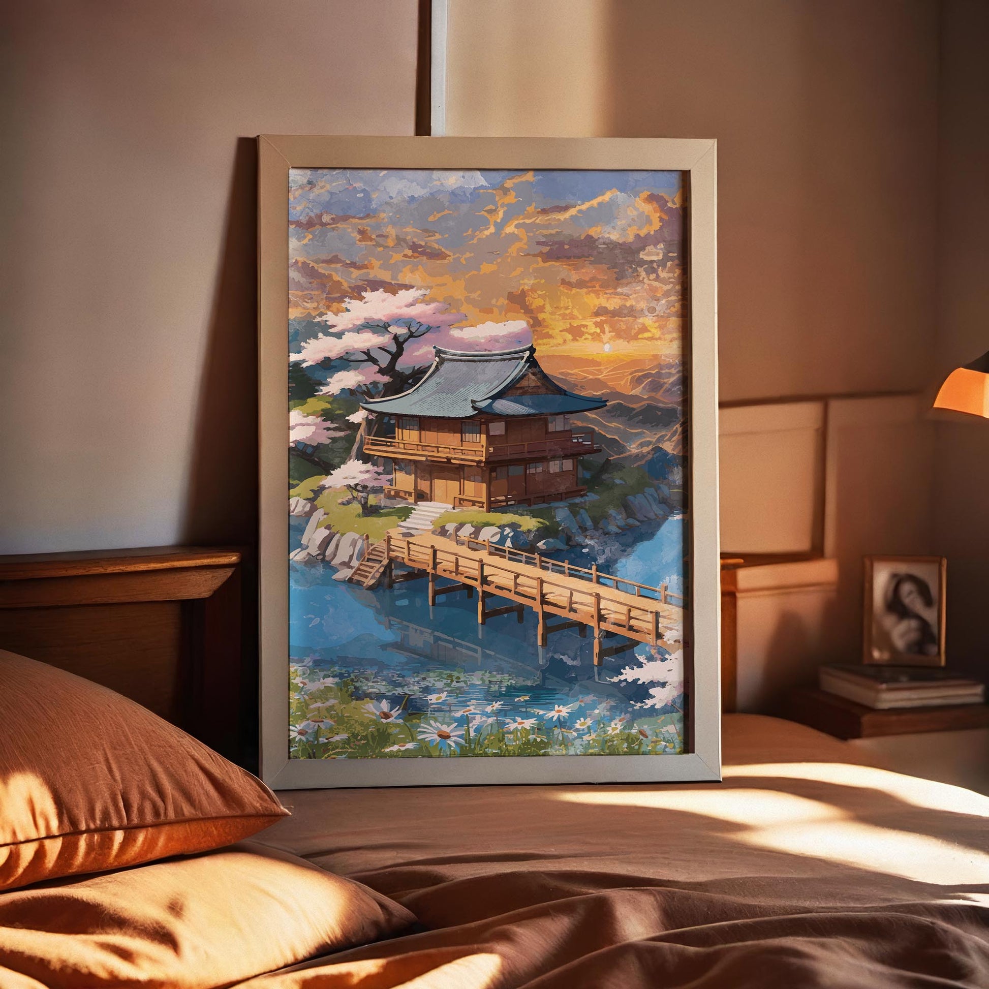 Serene fantasy landscape illustration of a traditional Japanese-style wooden house beside a calm river, connected by a wooden bridge. Surrounded by cherry blossom trees, wildflowers, and lush greenery under a glowing golden sunset sky, the scene evokes tranquility, harmony, and dreamy storybook charm. Printable Wall Art. Digital Download.