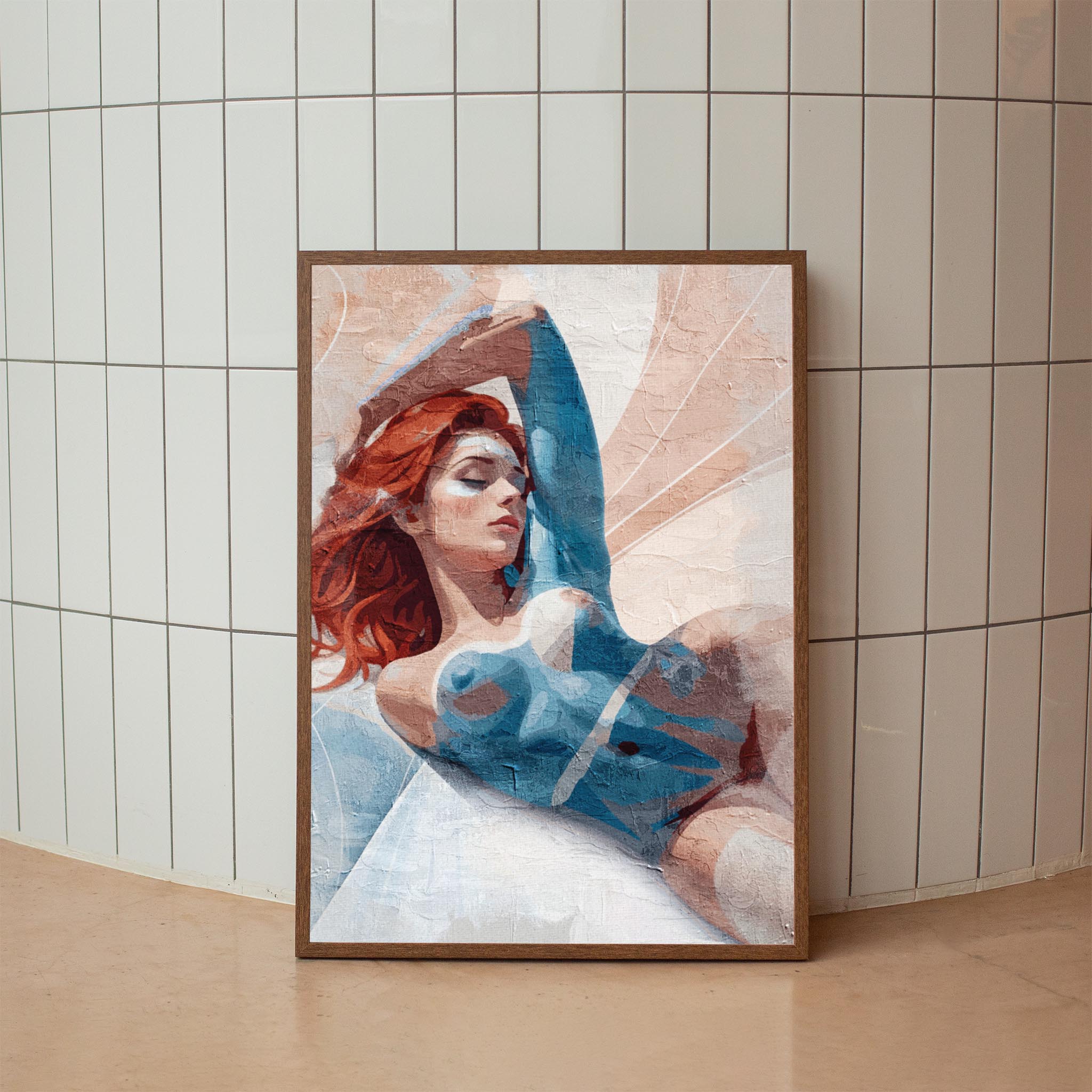 Modern printable wall art of a reclining woman with red hair, painted in an abstract style with blue and beige body tones, ideal for bold, contemporary interior decor