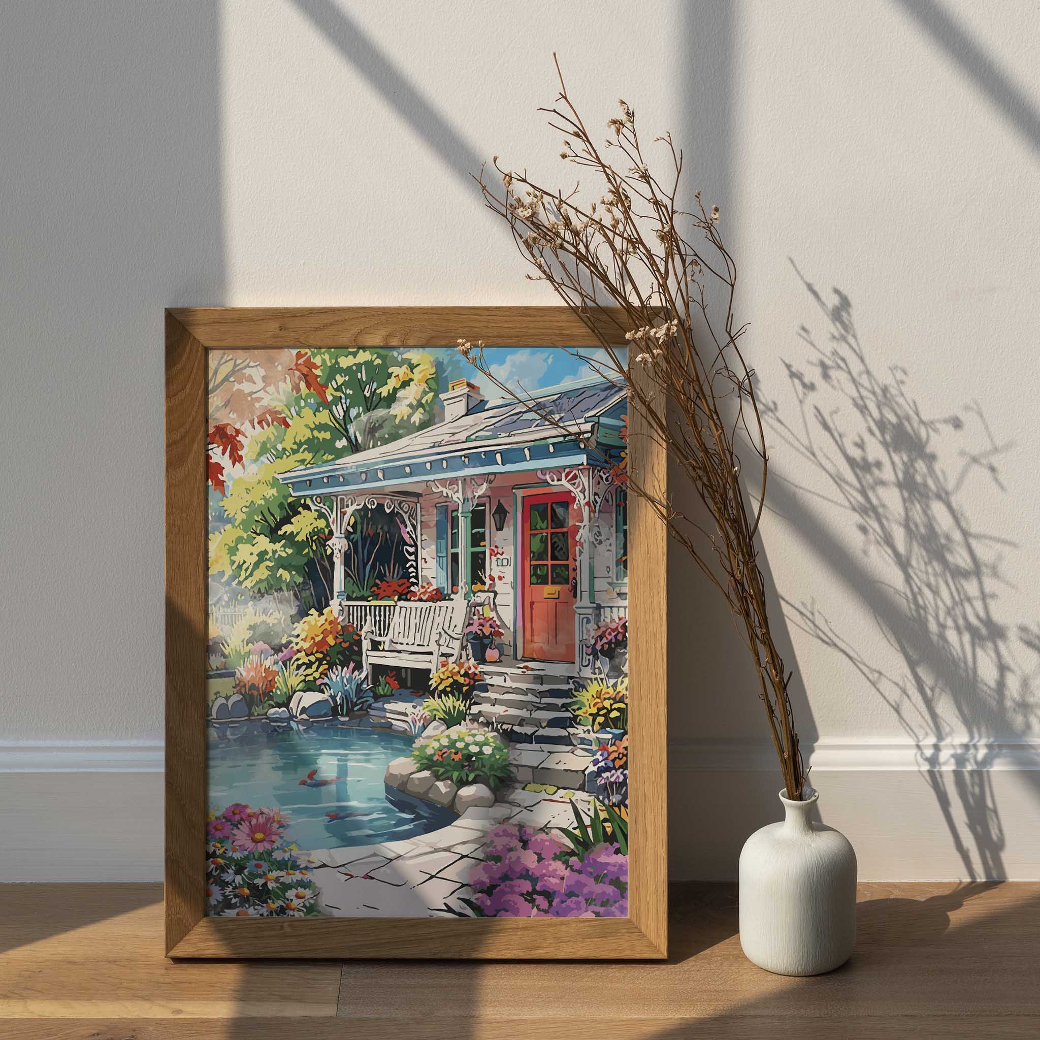 Charming garden cottage printable wall art featuring a cozy porch with a red door, white bench, and ornate trim, surrounded by blooming flowers and a koi pond under a bright blue sky - perfect for spring, floral, or cottagecore-inspired home decor