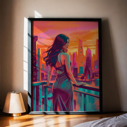 City Sunset - Woman in Blue Dress Print