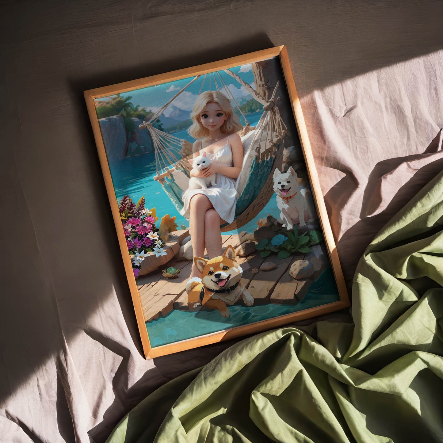 Whimsical printable wall art of a blonde woman in a white dress relaxing in a hammock by a turquoise lake, holding a white kitten, with two cheerful dogs nearby, vibrant flowers, and serene mountain scenery in the background.