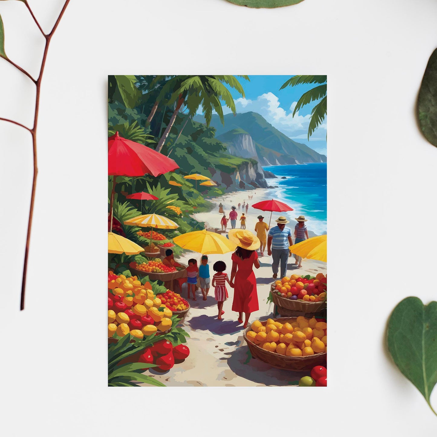 Vibrant coastal market illustration featuring people strolling along a sunny beach lined with colorful fruit stalls, palm trees, and bright umbrellas beside turquoise ocean water and tropical cliffs. Lively tropical wall art with a joyful summer atmosphere and rich, warm colors. Printable Wall Art. Digital Download.