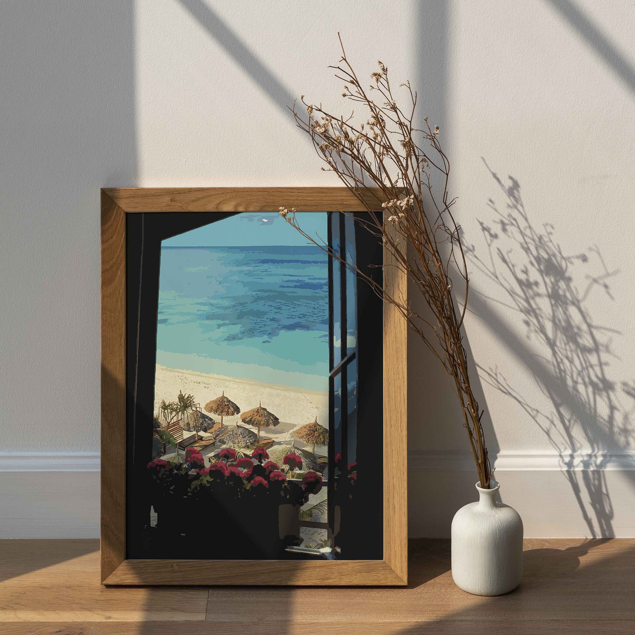 Coastal beach wall art featuring a tropical ocean view from an open window, with vibrant red flowers on the windowsill, straw beach umbrellas, lounge chairs, and crystal-clear turquoise water