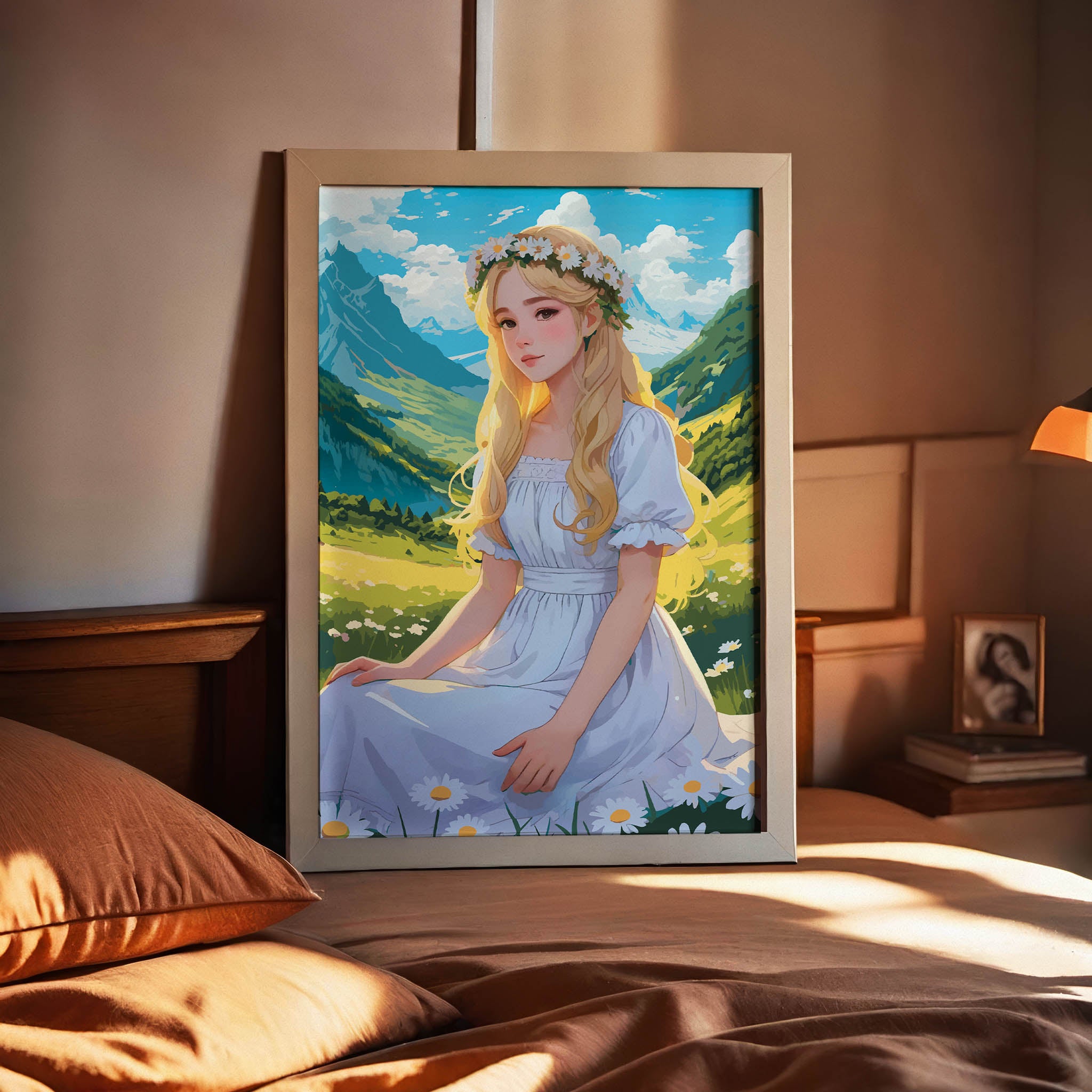 Enchanting digital artwork of a blonde girl in a white dress with a daisy flower crown, seated in a sunlit meadow surrounded by green mountains, fairytale-inspired printable wall art for nature and fantasy lovers