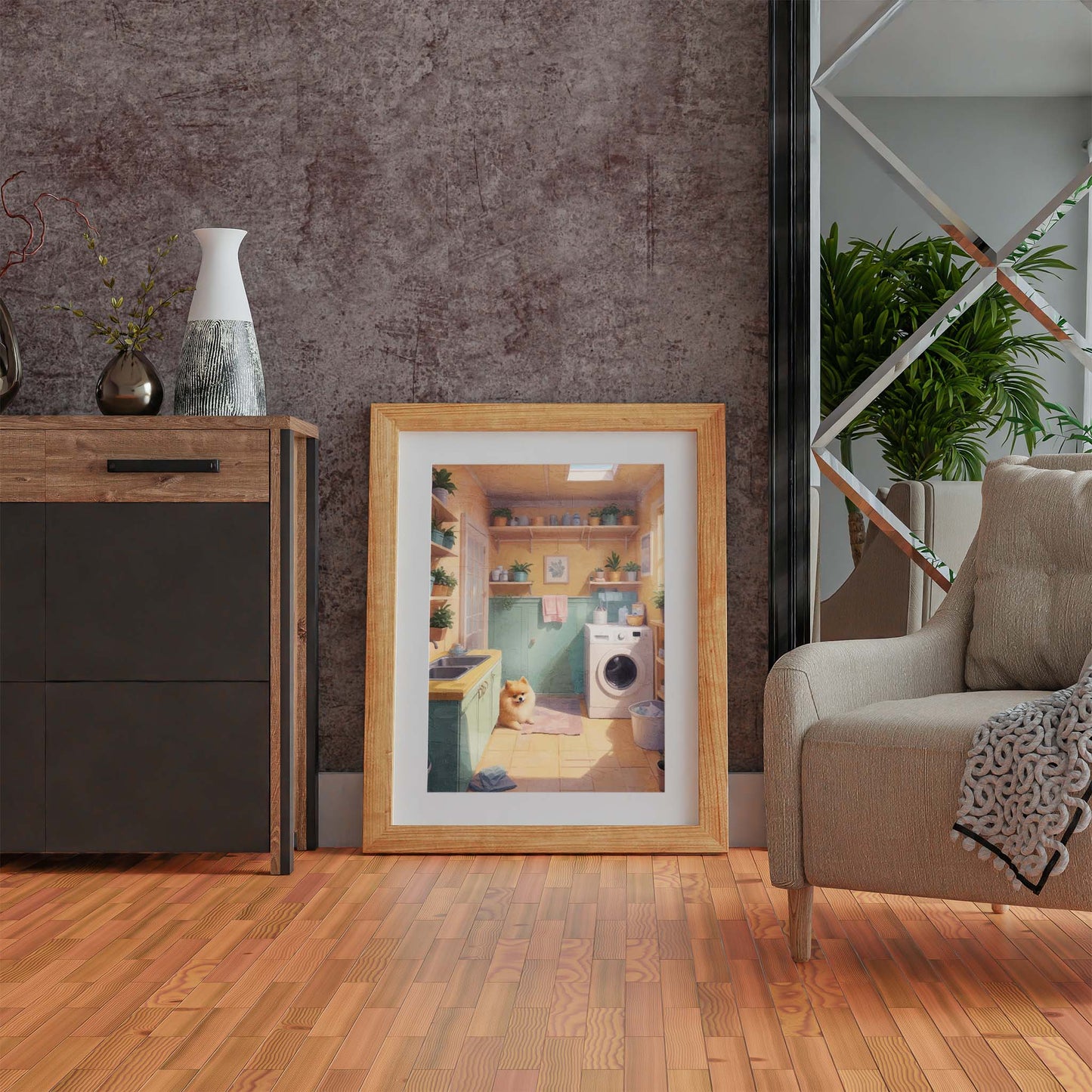 Cozy laundry room scene bathed in warm sunlight, featuring a fluffy Pomeranian sitting on a pink rug near a washing machine. The room has mint-green cabinets, yellow walls, potted plants on shelves, and a skylight that fills the space with a soft, inviting glow.