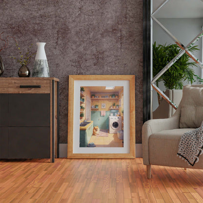 Cozy laundry room scene bathed in warm sunlight, featuring a fluffy Pomeranian sitting on a pink rug near a washing machine. The room has mint-green cabinets, yellow walls, potted plants on shelves, and a skylight that fills the space with a soft, inviting glow.