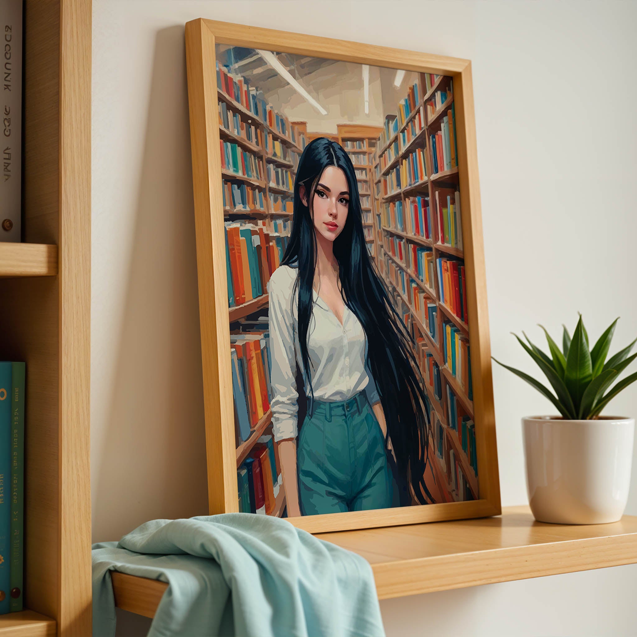 Book lover artwork showing a woman in a white blouse and teal trousers inside a modern library
