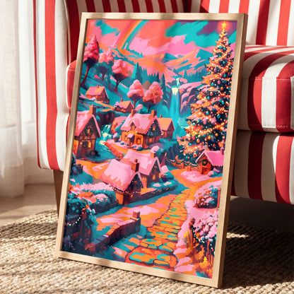 Dopamine-style fantasy Christmas landscape — a painterly enchanted village with wreath-decorated cottages glowing amber, a monumental lit Christmas tree with teal ornaments and gold star, teal waterfalls, pink-toned snow, and a vivid rainbow arc in a magenta winter sky