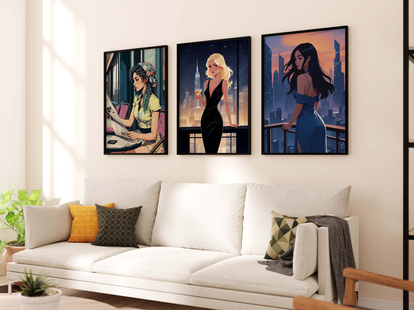 Set of three stylish digital art prints featuring elegant women in modern, cinematic scenes - perfect printable wall art bundle for chic, contemporary home or gallery-style decor