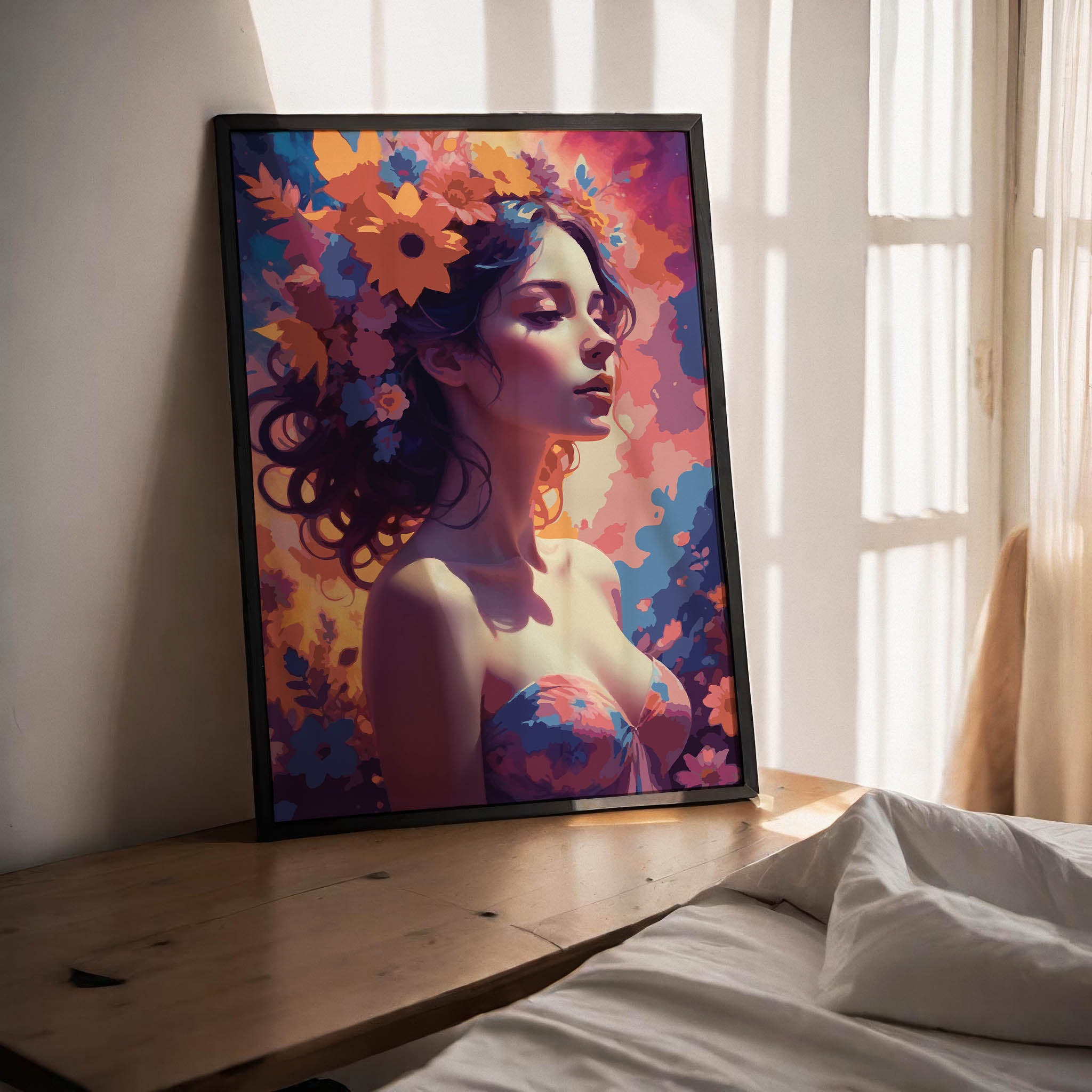 Whimsical digital portrait of a serene woman with flowing hair adorned in vibrant flowers, set against a dreamy, colorful background, enchanting printable wall art for bohemian and artistic interiors.
