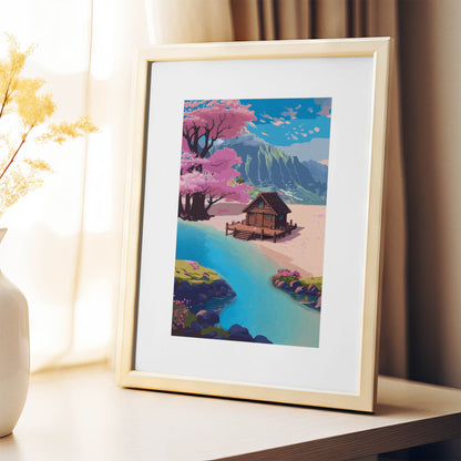 Fantasy-inspired landscape print showing a small wooden cabin surrounded by pastel blossoms, mountains and calm water