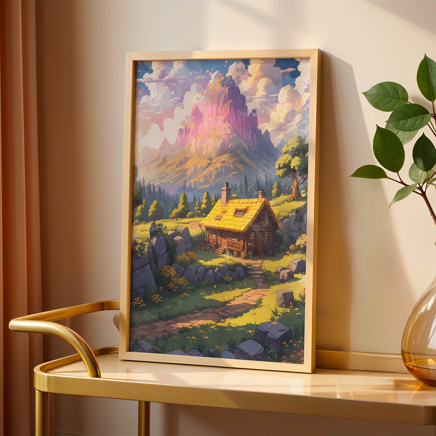 Printable wall art of a cozy wooden cabin with a yellow roof nestled in a sunlit meadow, surrounded by wildflowers, trees, and rocky hills, with majestic pink and purple mountains in the background, perfect for rustic and fantasy-inspired home decor