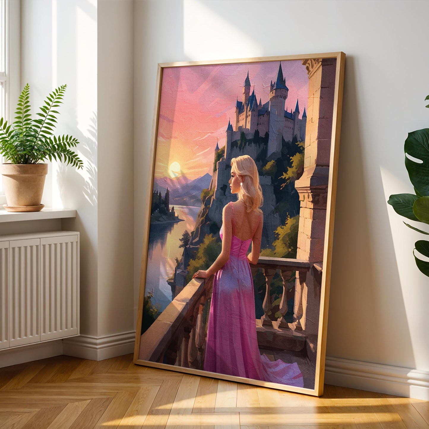 Romantic fantasy wall art featuring an elegant woman in a flowing pink gown standing on a stone balcony at sunset. She overlooks a glowing river valley and a majestic castle perched on a cliff, surrounded by pastel skies, soft golden light, and distant mountains, creating a dreamy fairytale atmosphere. Digital Download. Printable Wall Art.