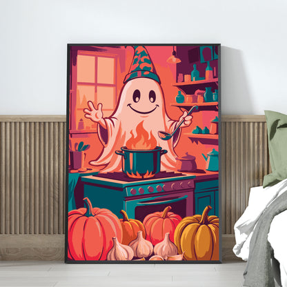 Maximalist Halloween kitchen poster featuring a friendly ghost chef stirring a cauldron on a teal oven, with orange and golden pumpkins, garlic bulbs, a teal kettle, and shelves of potion bottles in a warm coral and teal interior