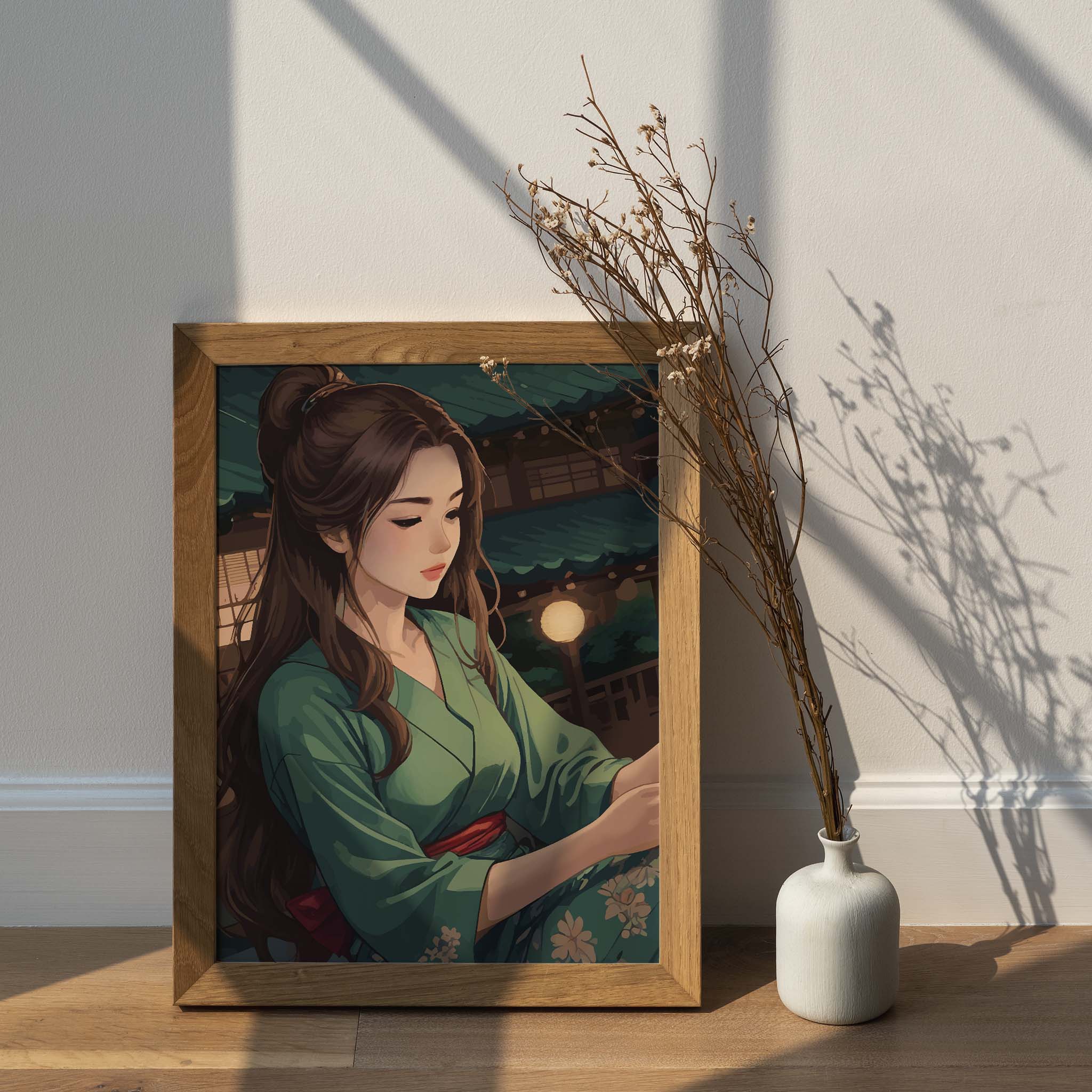 Elegant digital artwork of a woman in a green kimono under lantern lights, set in a serene traditional Japanese evening scene - printable wall art for cultural and aesthetic interiors