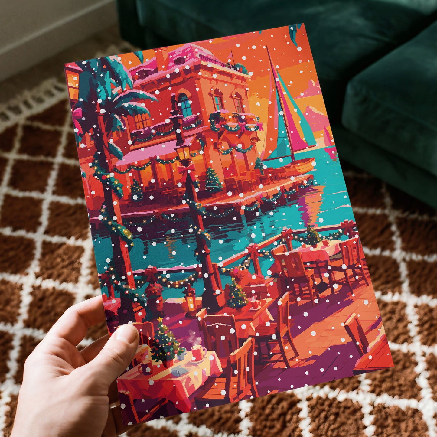 Dopamine-style coastal Christmas print — a painterly Italian or Greek harbour scene with outdoor dining tables, steaming coffee cups, teal palm trees dusted in snow, a teal-sailed boat on vivid turquoise water, and Christmas garland draping a warm coral waterfront building