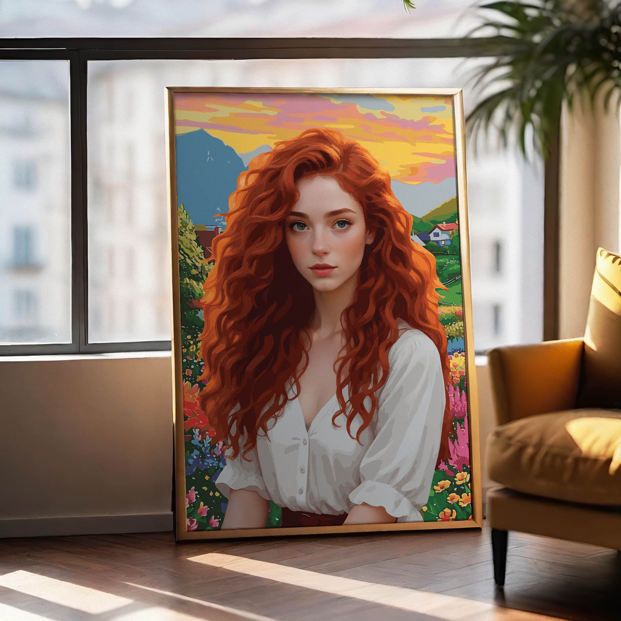 Vibrant digital portrait of a red-haired woman with soft curls, set against a colorful countryside landscape at sunset - modern feminine printable wall art