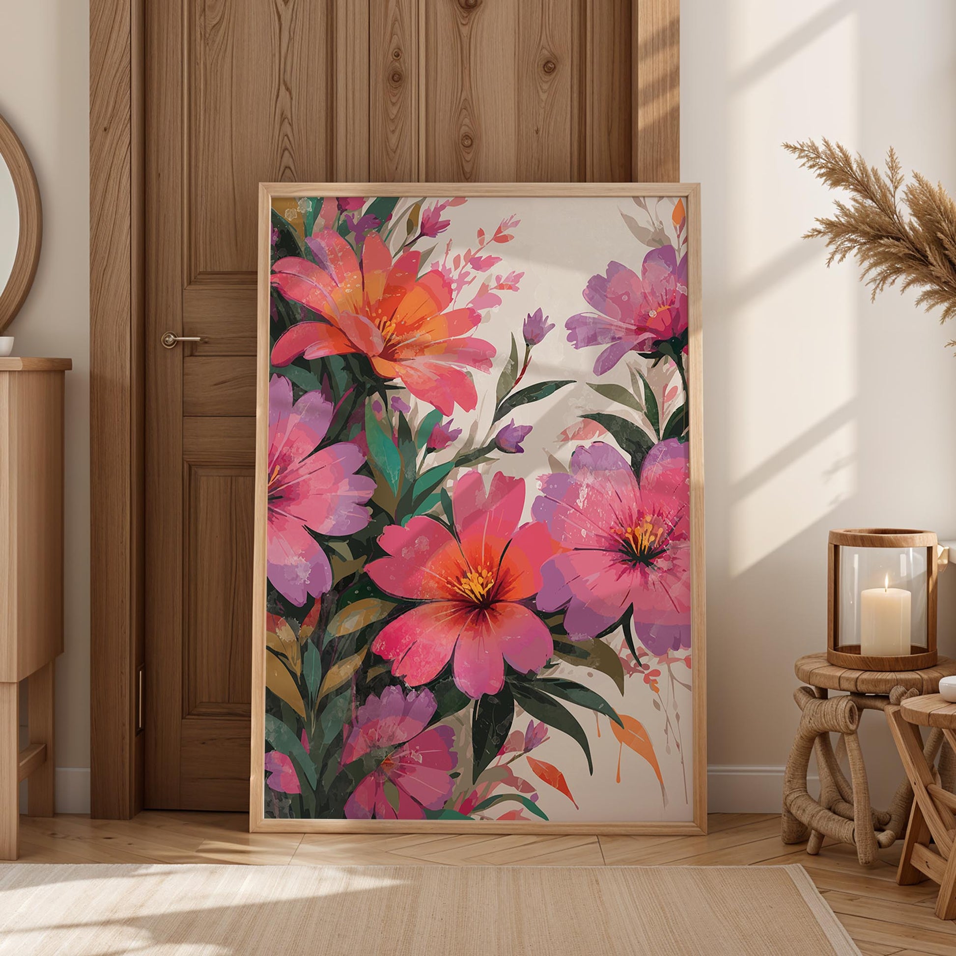Vibrant watercolor floral wall art featuring bold pink, orange, and purple blossoms with lush green leaves - perfect printable decor for a modern, botanical-inspired space