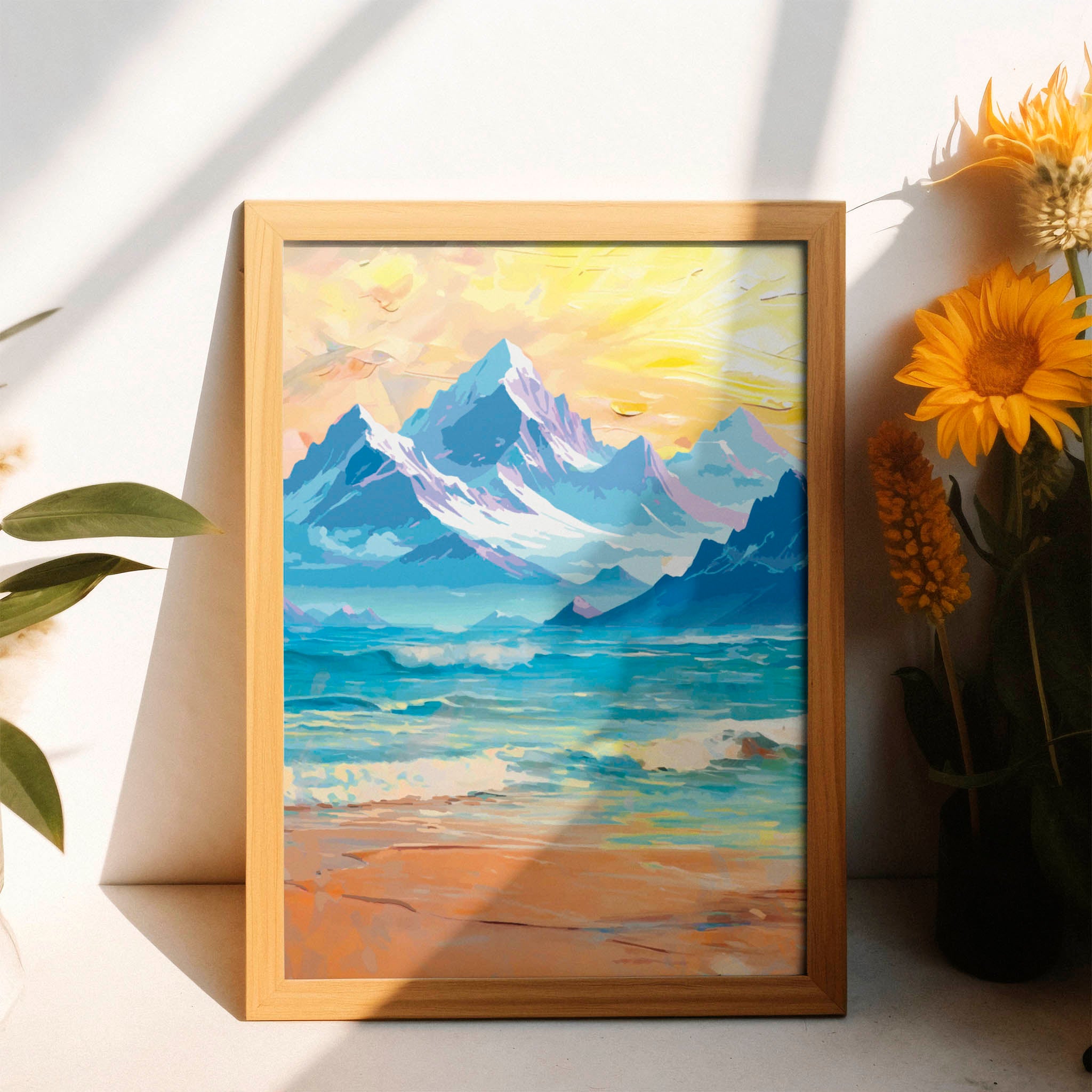 Majestic mountain landscape wall art featuring snow-capped peaks above a serene turquoise lake and sandy shoreline, with a glowing sunrise casting golden hues across the sky