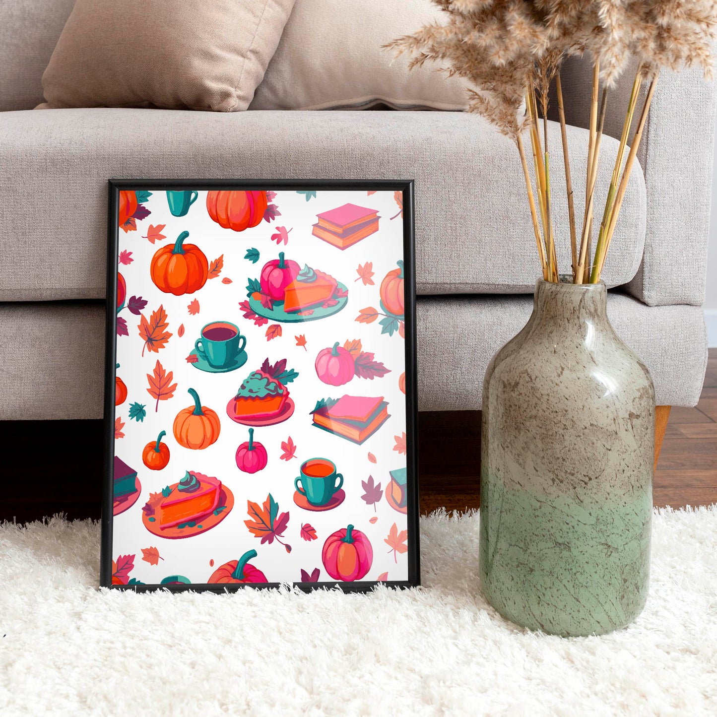 Maximalist fall lifestyle wall art featuring an all-over pattern of pumpkin pie, teal mugs, hot pink pumpkins, stacked books, and autumn foliage in orange, magenta, and teal on white