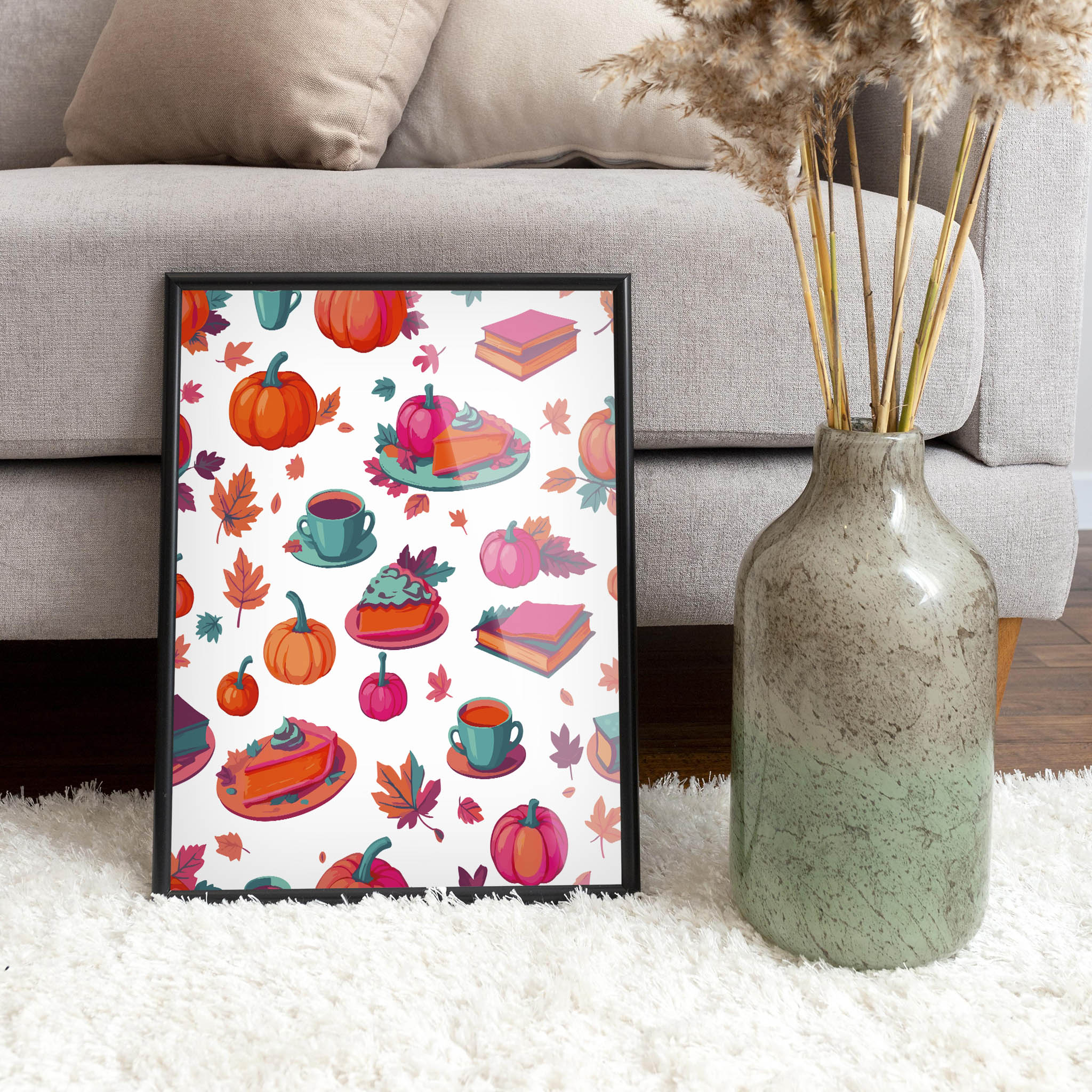 Maximalist fall lifestyle wall art featuring an all-over pattern of pumpkin pie, teal mugs, hot pink pumpkins, stacked books, and autumn foliage in orange, magenta, and teal on white