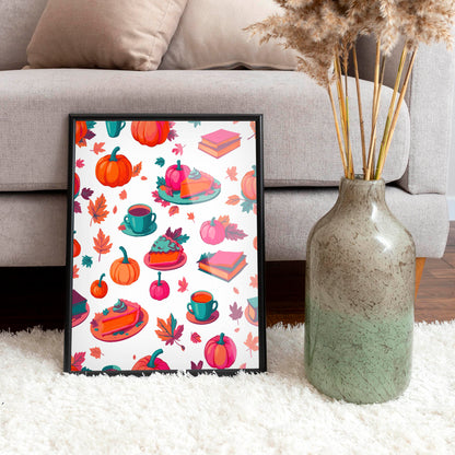 Maximalist fall lifestyle wall art featuring an all-over pattern of pumpkin pie, teal mugs, hot pink pumpkins, stacked books, and autumn foliage in orange, magenta, and teal on white