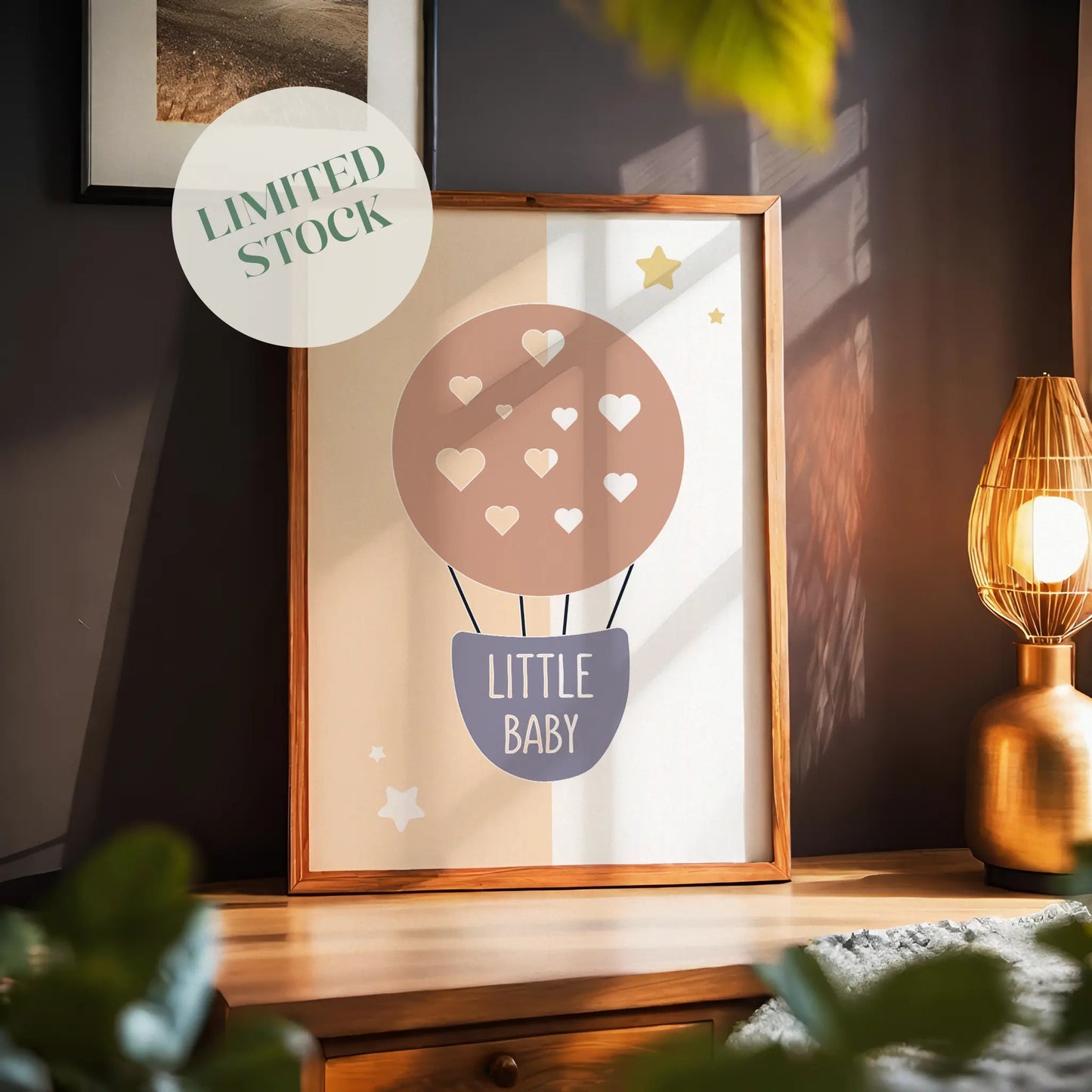 Minimalist nursery wall art featuring a pastel hot air balloon with heart shapes and the phrase "Little Baby", perfect for baby rooms, gender-neutral decor, or baby shower gifts.