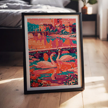 Colorful holiday wall art featuring a pair of swans on a coral-toned river, with poinsettias and holly in the foreground. 