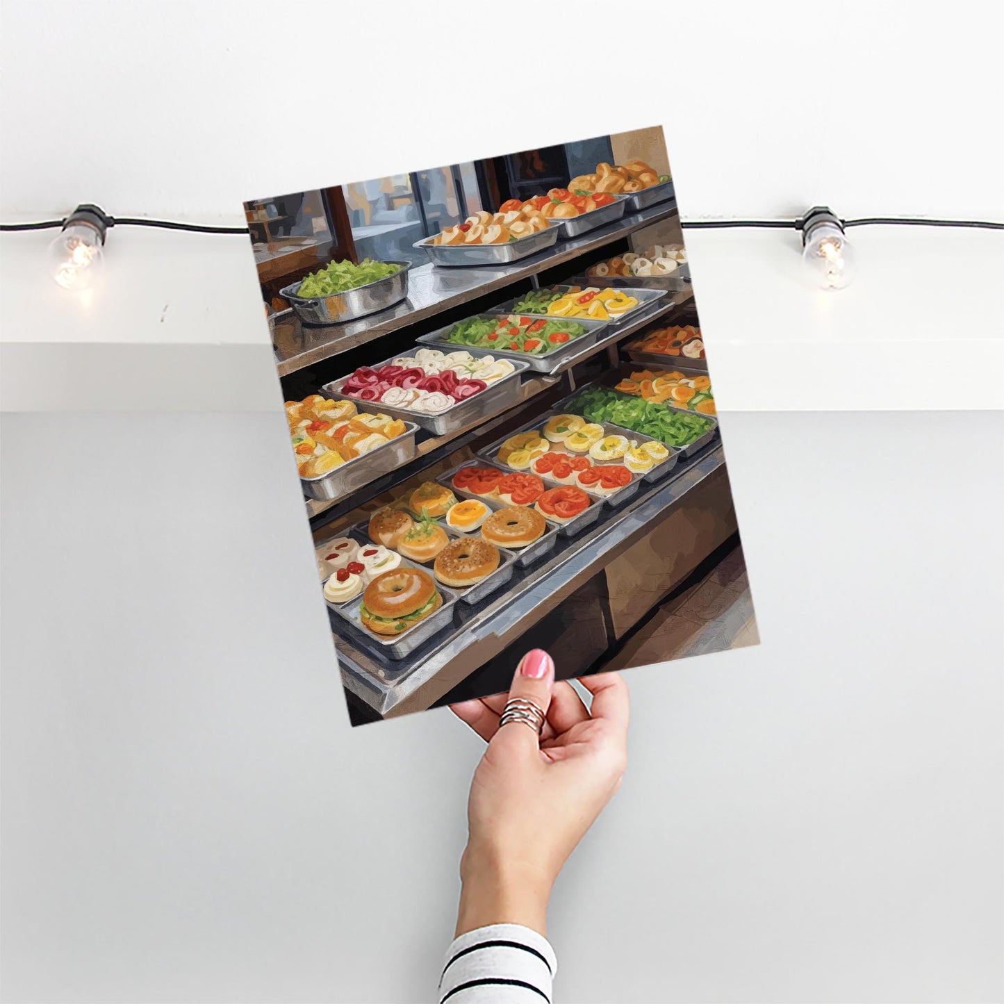 Charming café food counter scene with bagels and desserts, restaurant style printable wall art