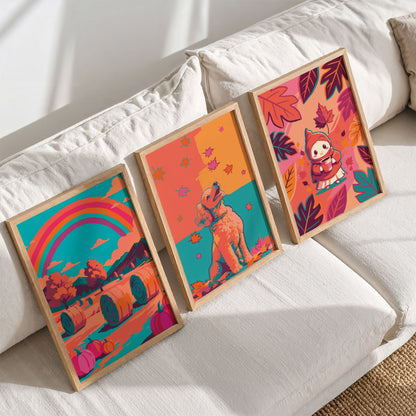 Three SweetPixelCreations bright autumn prints propped on a wood ledge against sage wainscoting - a landscape, an animal portrait, and a character illustration united by a bold teal, orange, and magenta dopamine palette