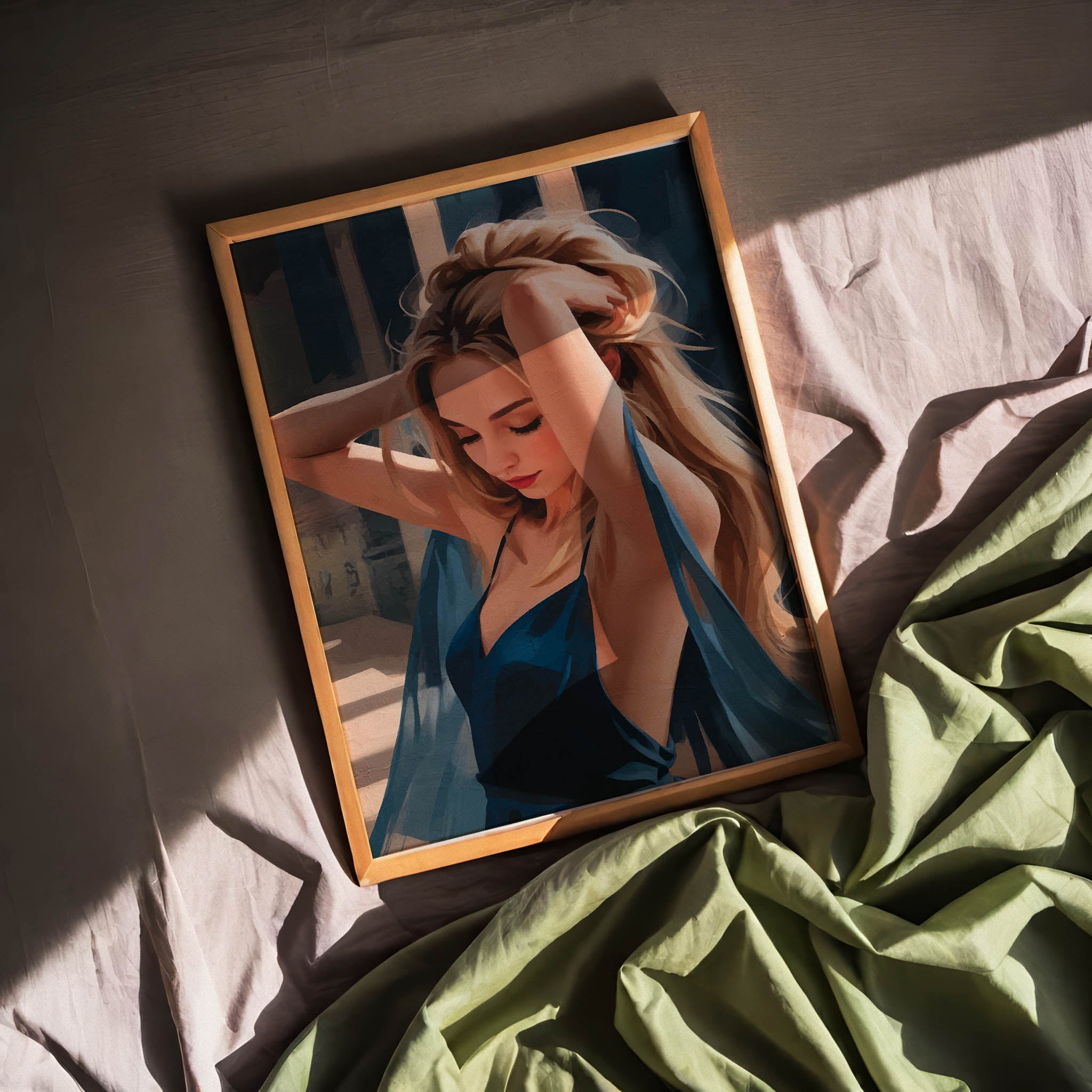Elegant digital painting of a blonde woman in a flowing deep blue dress with hands in her hair, captured in warm sunlight, high-resolution printable wall art