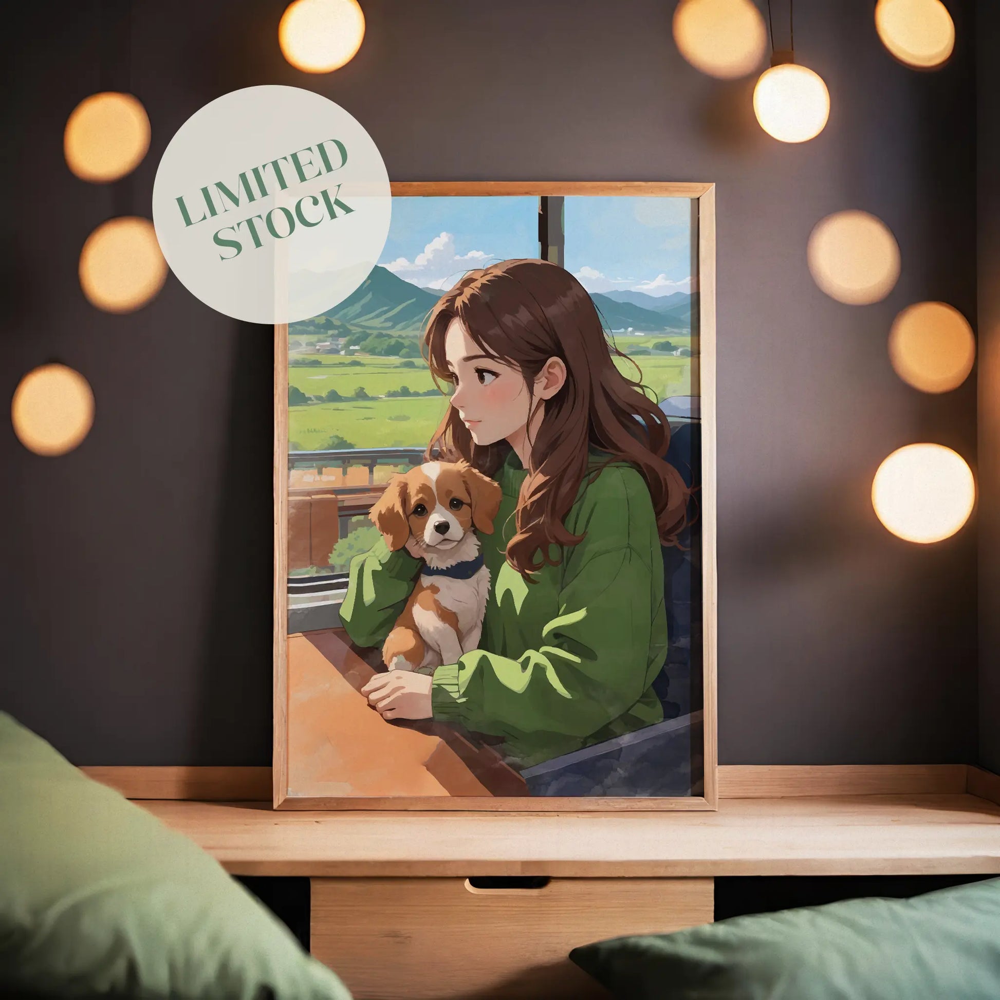 Cozy printable wall art featuring a girl with long brown hair in a green sweater, sitting by the window with a cute puppy, enjoying a peaceful countryside view with mountains and blue skies - perfect for dog lovers and nature-inspired home decor. 