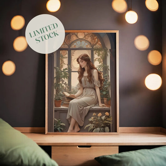Romantic digital wall art of a young woman in a flowing dress reading a book by a vintage arched window, surrounded by lush potted plants and soft golden light