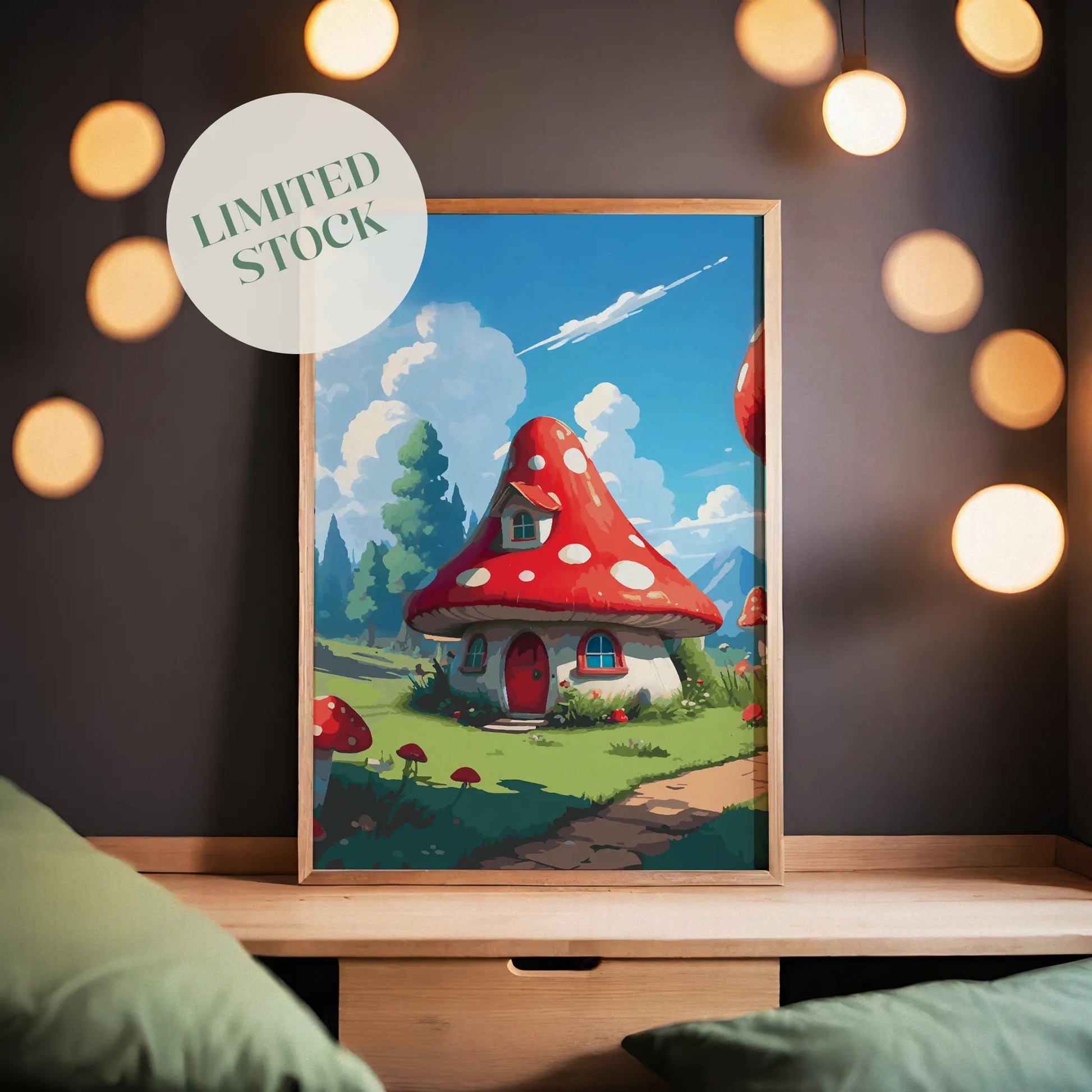 Whimsical fantasy scene featuring a cozy mushroom-shaped house with a red and white spotted roof, round windows, and a red door. Set in a sunny meadow with green grass, flowers, and tall trees under a bright blue sky with fluffy clouds and distant mountains