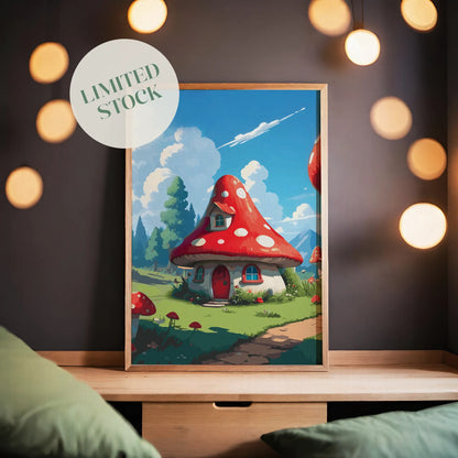Whimsical fantasy scene featuring a cozy mushroom-shaped house with a red and white spotted roof, round windows, and a red door. Set in a sunny meadow with green grass, flowers, and tall trees under a bright blue sky with fluffy clouds and distant mountains