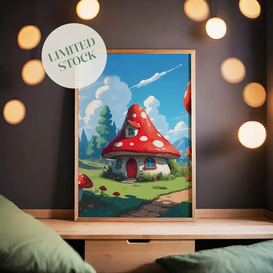 Whimsical fantasy scene featuring a cozy mushroom-shaped house with a red and white spotted roof, round windows, and a red door. Set in a sunny meadow with green grass, flowers, and tall trees under a bright blue sky with fluffy clouds and distant mountains