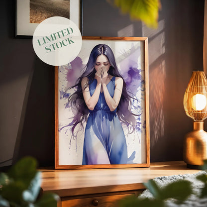 Emotional watercolor-style illustration of a woman in a flowing blue dress covering her face, with expressive purple and blue paint splashes, expressive printable wall art evoking deep feelings and introspection
